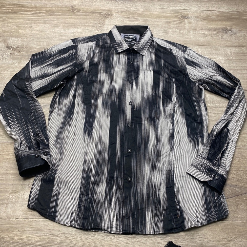 Barabas Button Down Shirt Men L Black White Abstract Stripe Long Sleeve Clubwear